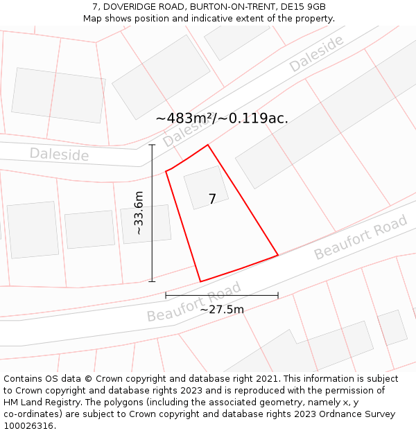 7, DOVERIDGE ROAD, BURTON-ON-TRENT, DE15 9GB: Plot and title map