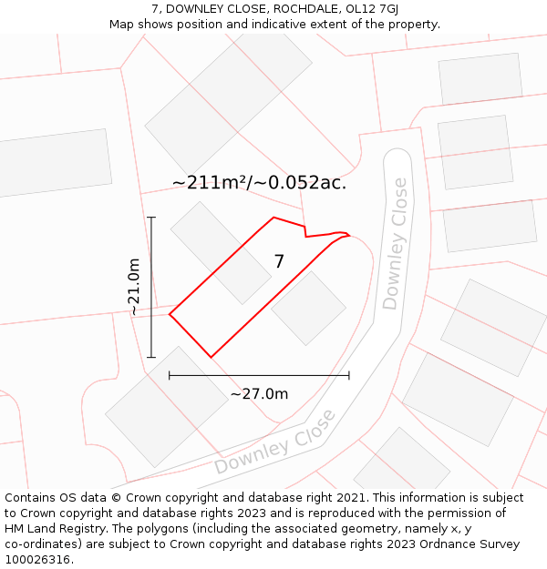 7, DOWNLEY CLOSE, ROCHDALE, OL12 7GJ: Plot and title map