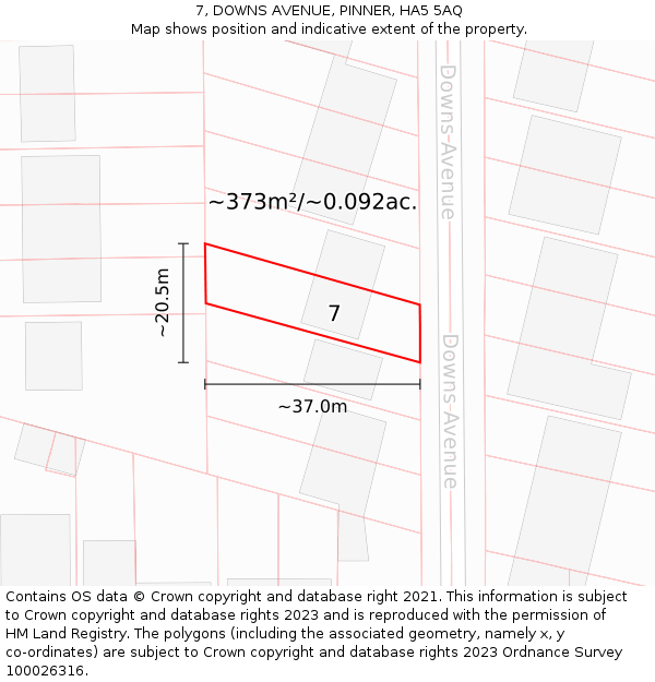 7, DOWNS AVENUE, PINNER, HA5 5AQ: Plot and title map
