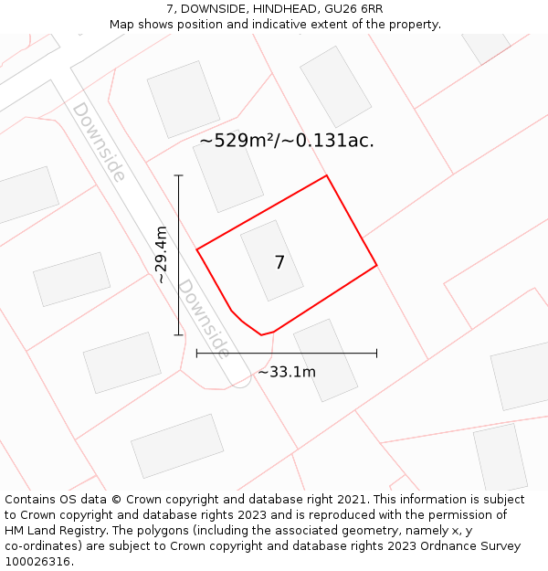 7, DOWNSIDE, HINDHEAD, GU26 6RR: Plot and title map