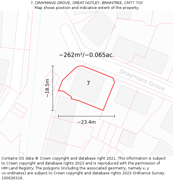 7, DRAYMANS GROVE, GREAT NOTLEY, BRAINTREE, CM77 7GY: Plot and title map