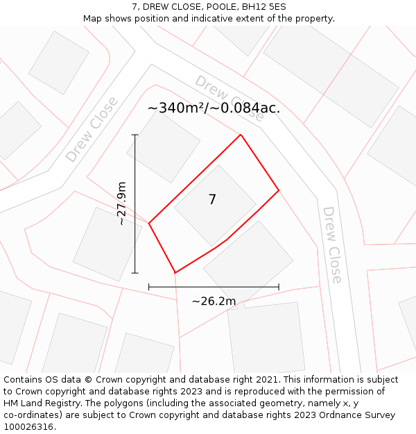 7, DREW CLOSE, POOLE, BH12 5ES: Plot and title map