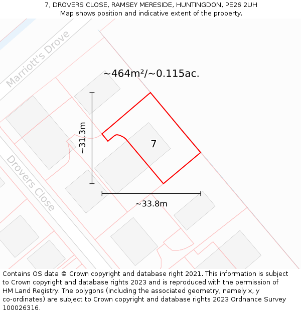 7, DROVERS CLOSE, RAMSEY MERESIDE, HUNTINGDON, PE26 2UH: Plot and title map