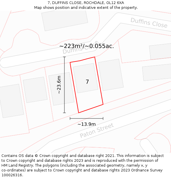 7, DUFFINS CLOSE, ROCHDALE, OL12 6XA: Plot and title map