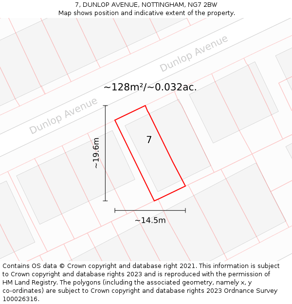 7, DUNLOP AVENUE, NOTTINGHAM, NG7 2BW: Plot and title map
