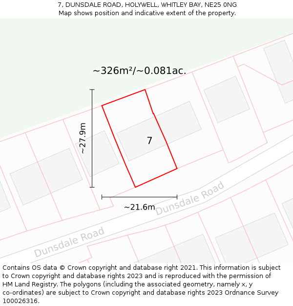 7, DUNSDALE ROAD, HOLYWELL, WHITLEY BAY, NE25 0NG: Plot and title map