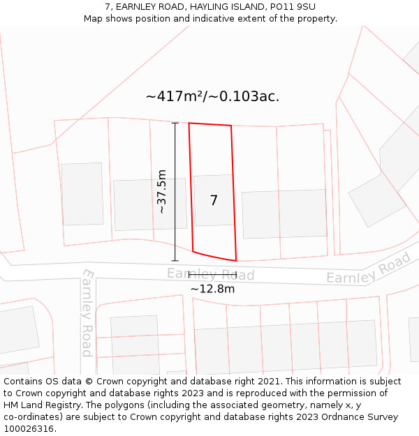 7, EARNLEY ROAD, HAYLING ISLAND, PO11 9SU: Plot and title map