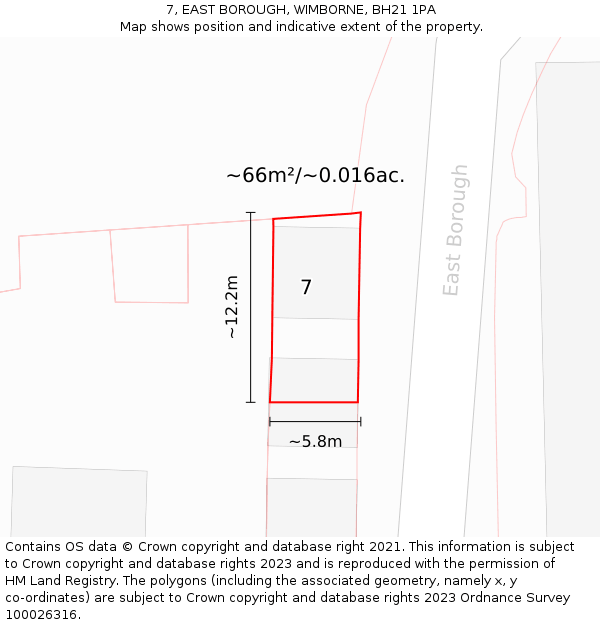 7, EAST BOROUGH, WIMBORNE, BH21 1PA: Plot and title map