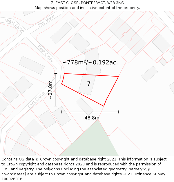 7, EAST CLOSE, PONTEFRACT, WF8 3NS: Plot and title map