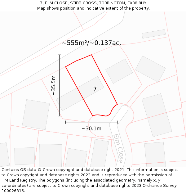 7, ELM CLOSE, STIBB CROSS, TORRINGTON, EX38 8HY: Plot and title map