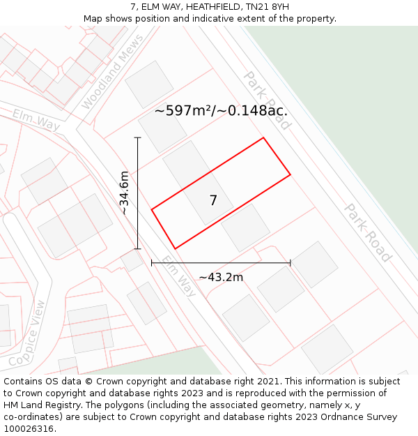 7, ELM WAY, HEATHFIELD, TN21 8YH: Plot and title map