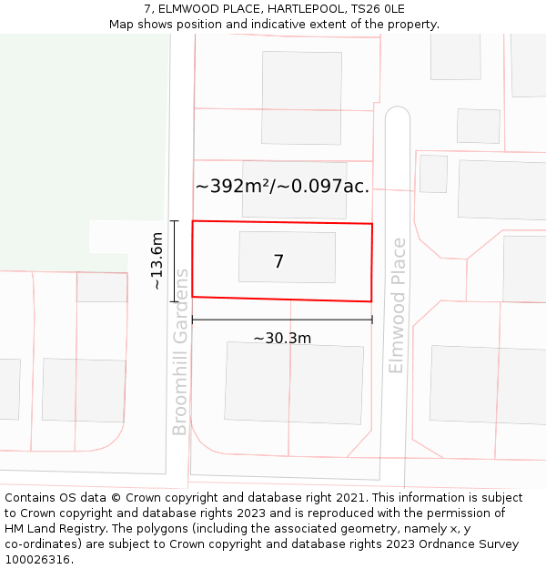 7, ELMWOOD PLACE, HARTLEPOOL, TS26 0LE: Plot and title map