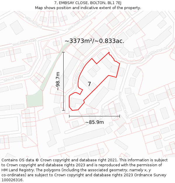 7, EMBSAY CLOSE, BOLTON, BL1 7EJ: Plot and title map