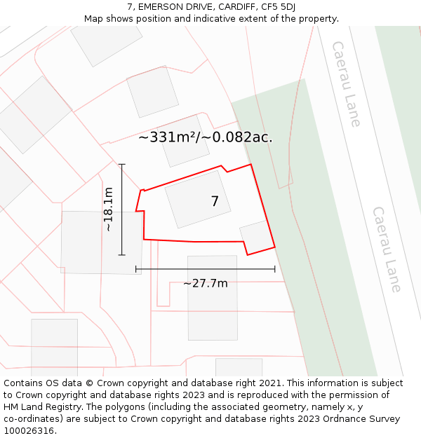 7, EMERSON DRIVE, CARDIFF, CF5 5DJ: Plot and title map