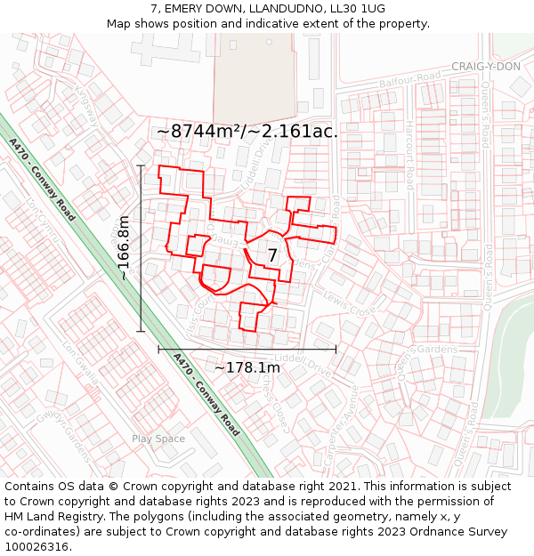 7, EMERY DOWN, LLANDUDNO, LL30 1UG: Plot and title map