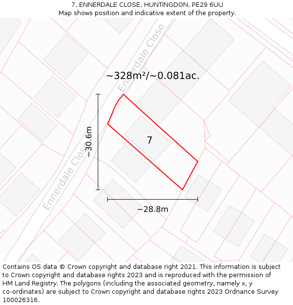 7, ENNERDALE CLOSE, HUNTINGDON, PE29 6UU: Plot and title map