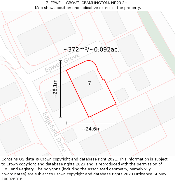 7, EPWELL GROVE, CRAMLINGTON, NE23 3HL: Plot and title map