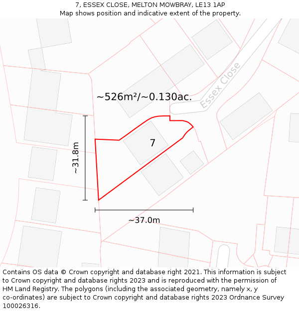 7, ESSEX CLOSE, MELTON MOWBRAY, LE13 1AP: Plot and title map