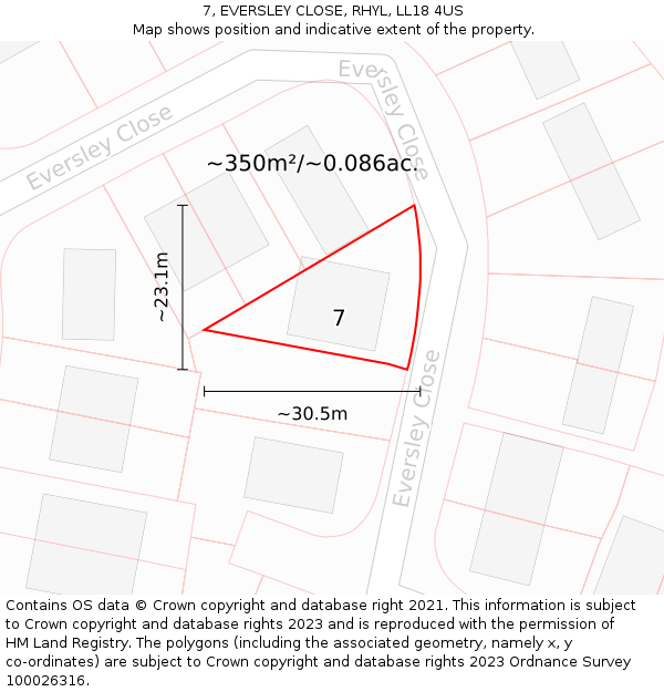 7, EVERSLEY CLOSE, RHYL, LL18 4US: Plot and title map