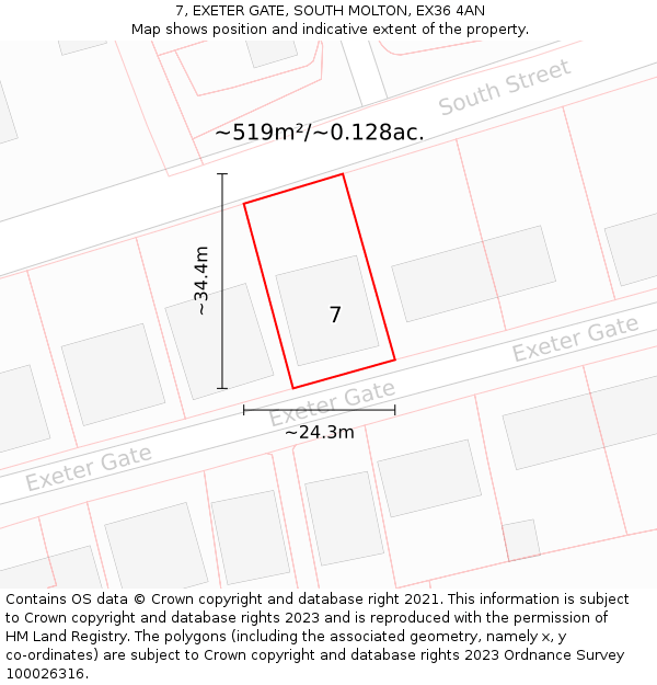 7, EXETER GATE, SOUTH MOLTON, EX36 4AN: Plot and title map