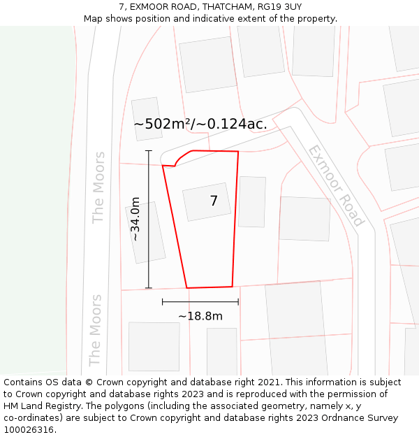 7, EXMOOR ROAD, THATCHAM, RG19 3UY: Plot and title map