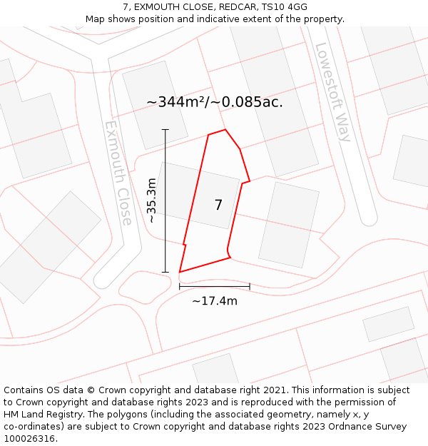 7, EXMOUTH CLOSE, REDCAR, TS10 4GG: Plot and title map