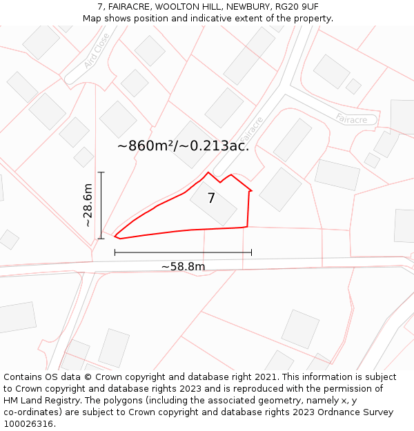 7, FAIRACRE, WOOLTON HILL, NEWBURY, RG20 9UF: Plot and title map