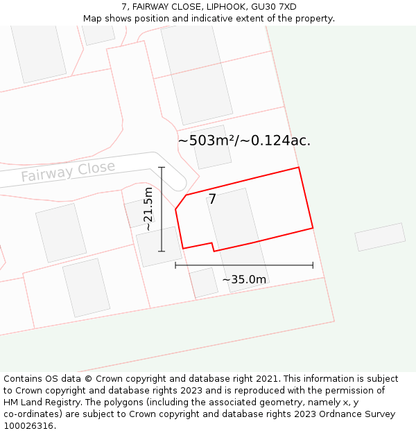 7, FAIRWAY CLOSE, LIPHOOK, GU30 7XD: Plot and title map