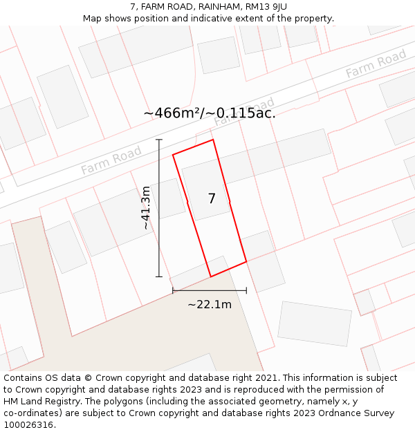 7, FARM ROAD, RAINHAM, RM13 9JU: Plot and title map