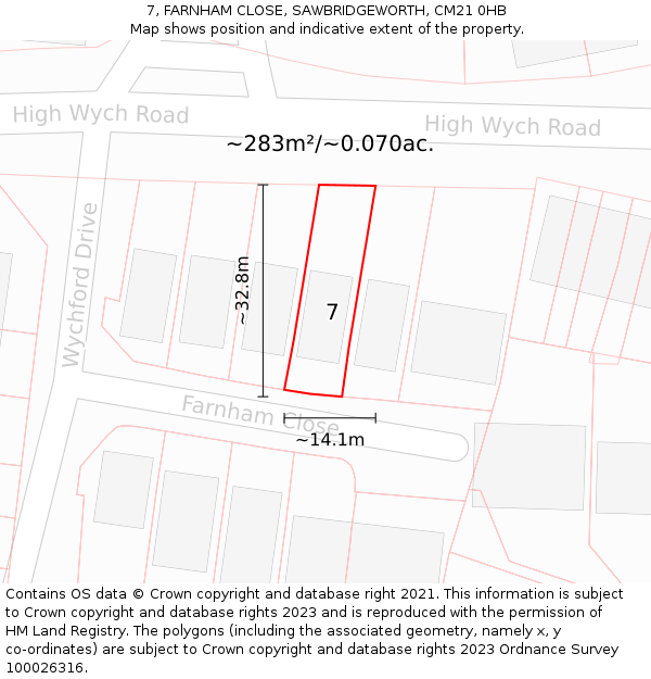 7, FARNHAM CLOSE, SAWBRIDGEWORTH, CM21 0HB: Plot and title map