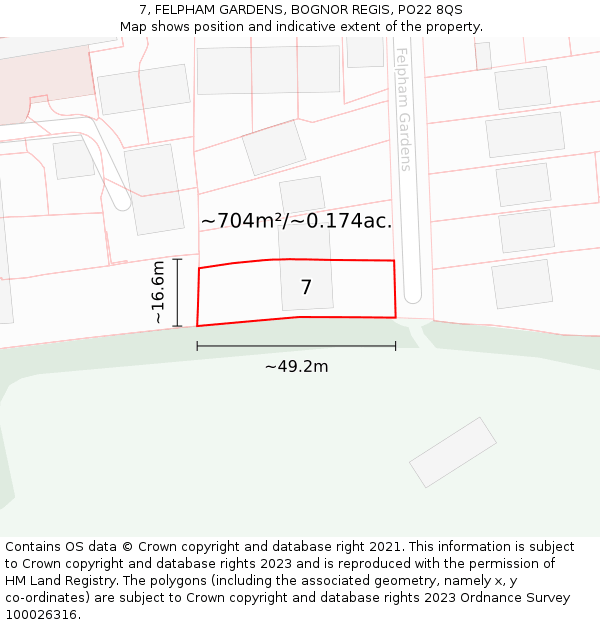 7, FELPHAM GARDENS, BOGNOR REGIS, PO22 8QS: Plot and title map