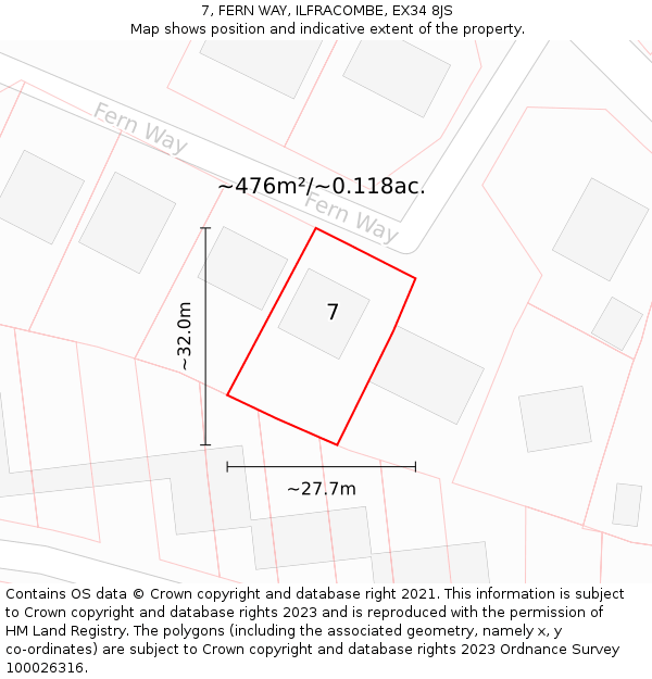 7, FERN WAY, ILFRACOMBE, EX34 8JS: Plot and title map