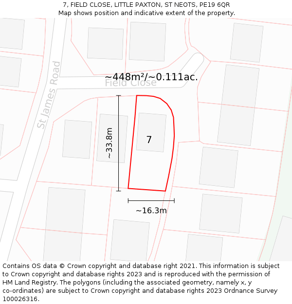 7, FIELD CLOSE, LITTLE PAXTON, ST NEOTS, PE19 6QR: Plot and title map