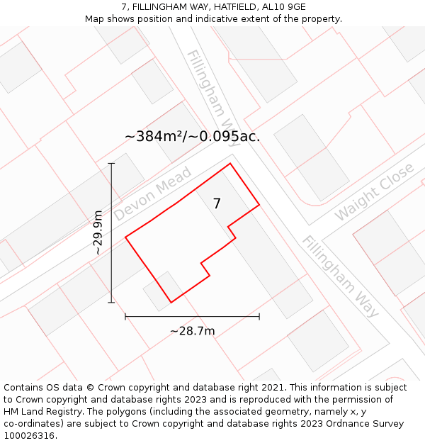 7, FILLINGHAM WAY, HATFIELD, AL10 9GE: Plot and title map