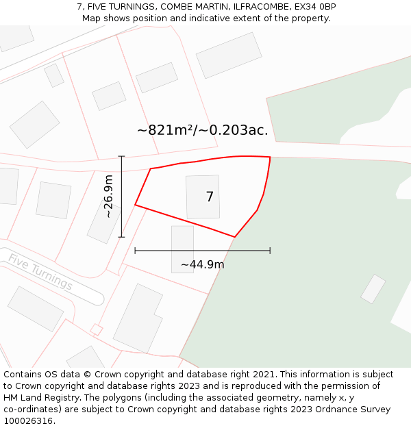 7, FIVE TURNINGS, COMBE MARTIN, ILFRACOMBE, EX34 0BP: Plot and title map