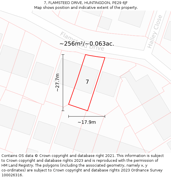 7, FLAMSTEED DRIVE, HUNTINGDON, PE29 6JF: Plot and title map