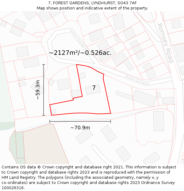 7, FOREST GARDENS, LYNDHURST, SO43 7AF: Plot and title map