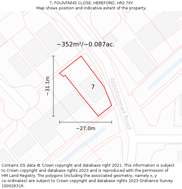 7, FOUNTAINS CLOSE, HEREFORD, HR2 7XY: Plot and title map
