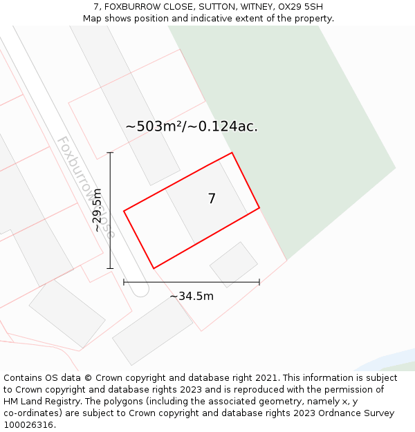 7, FOXBURROW CLOSE, SUTTON, WITNEY, OX29 5SH: Plot and title map