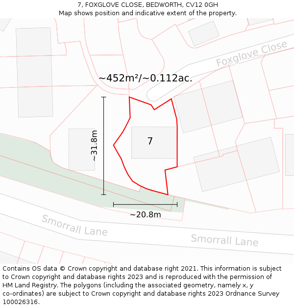 7, FOXGLOVE CLOSE, BEDWORTH, CV12 0GH: Plot and title map