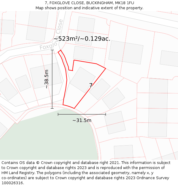 7, FOXGLOVE CLOSE, BUCKINGHAM, MK18 1FU: Plot and title map