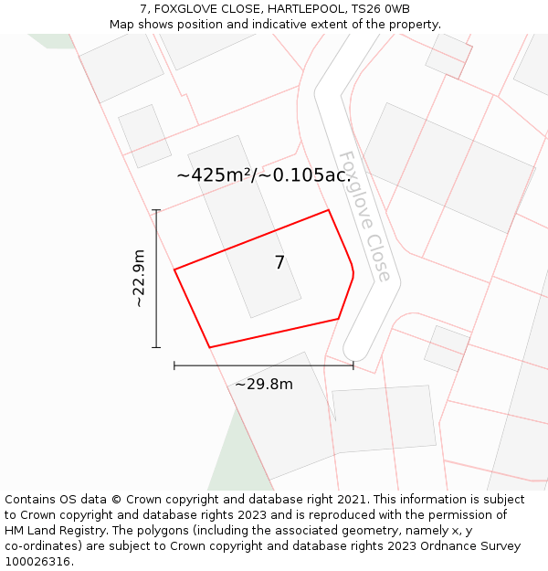 7, FOXGLOVE CLOSE, HARTLEPOOL, TS26 0WB: Plot and title map