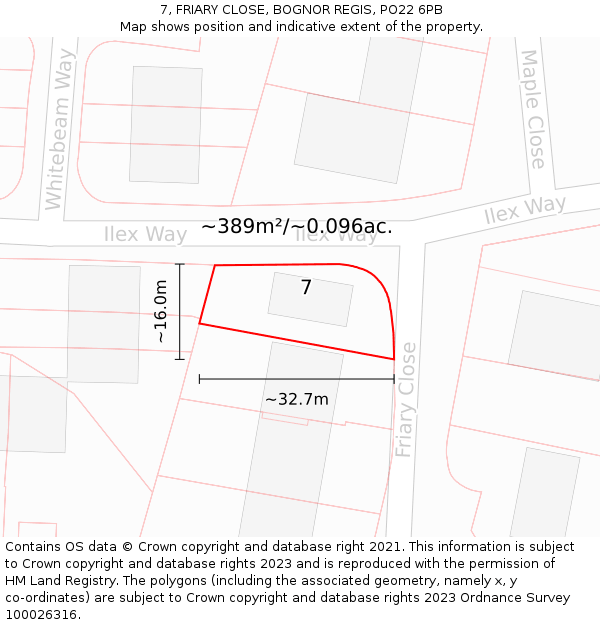 7, FRIARY CLOSE, BOGNOR REGIS, PO22 6PB: Plot and title map