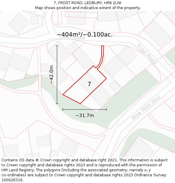 7, FROST ROAD, LEDBURY, HR8 2UW: Plot and title map