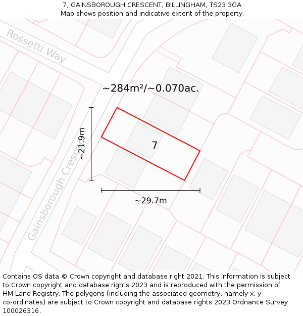 7, GAINSBOROUGH CRESCENT, BILLINGHAM, TS23 3GA: Plot and title map