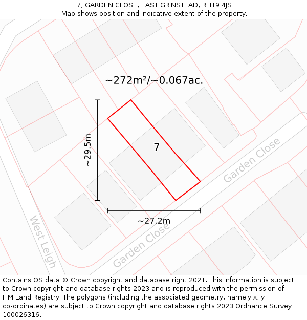 7, GARDEN CLOSE, EAST GRINSTEAD, RH19 4JS: Plot and title map