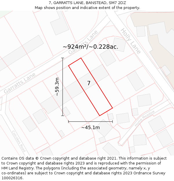 7, GARRATTS LANE, BANSTEAD, SM7 2DZ: Plot and title map