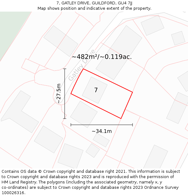 7, GATLEY DRIVE, GUILDFORD, GU4 7JJ: Plot and title map