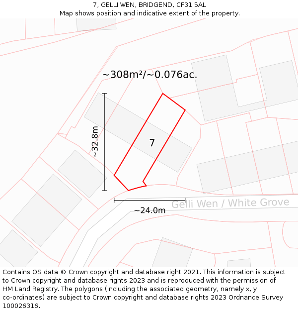 7, GELLI WEN, BRIDGEND, CF31 5AL: Plot and title map