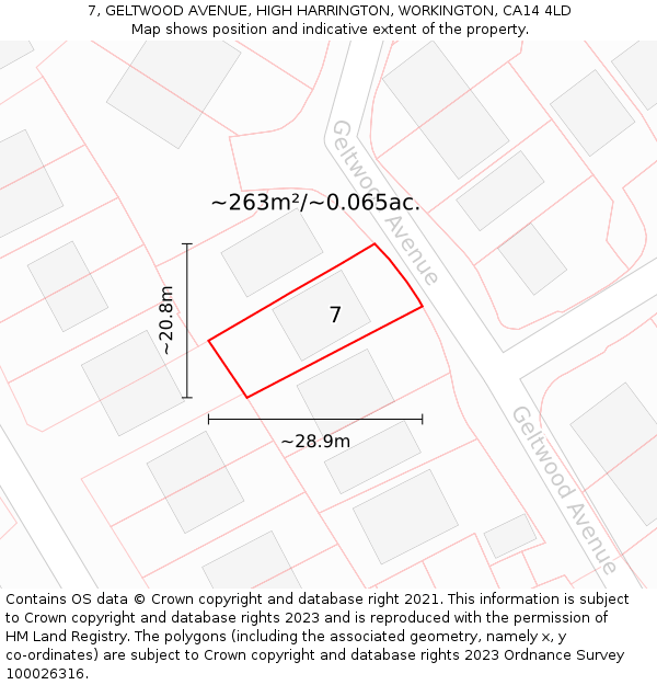 7, GELTWOOD AVENUE, HIGH HARRINGTON, WORKINGTON, CA14 4LD: Plot and title map